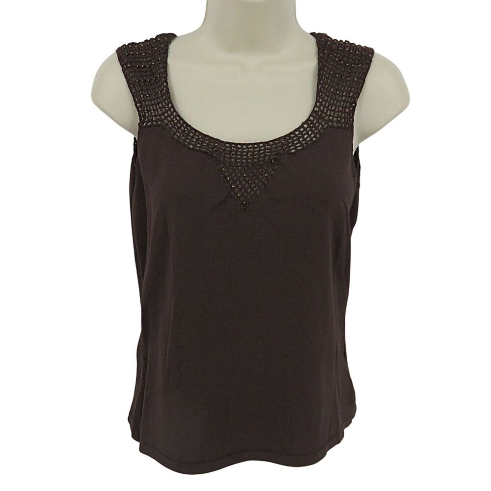 Nine & Company Women Medium Brown Beaded Crochet Shirt Tank Top VTG 90s 1990s